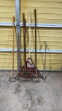 Lot of rakes, hoes & grass trimmer