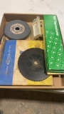 Box of thermometers, gauge & roll of emery cloth