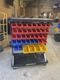 Black metal rolling rack w/plastic bins