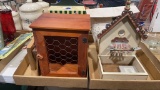 2 boxes of metal birdhouses , decorative chicken