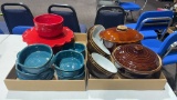 2 boxes of soup bowls, pie stand brown serving