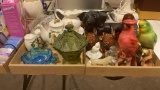 2 boxes of ceramic animal figurines, glass candy