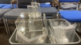Box of clear plastic containers & picture frames