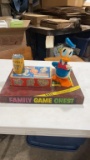 Vintage game, crayons, school supplies box &