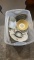 Tub of misc serving plates, tray, bowls & dish