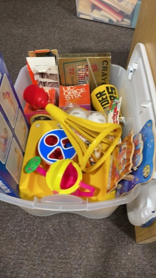 Box of misc toys & exercise equipment