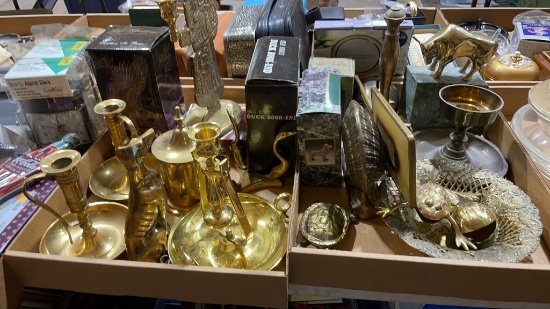 2 boxes of brass candleholders & Knick knacks