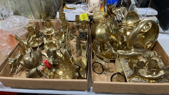 2 boxes of brass candleholders & Knick knacks