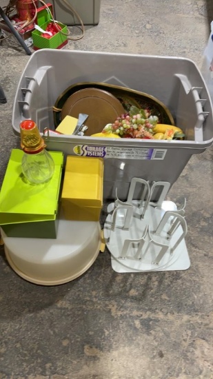 Tub of fruit bowls & fruit,2 can openers, pepper