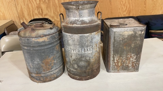 Antique milk jug & 2 other galv cans