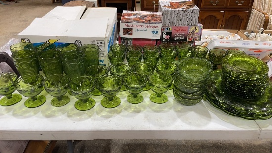 56 pcs of green depression glass, bowls, saucers