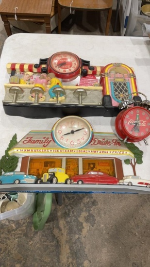 2 decorative Coca-Cola wall clocks & alarm clock