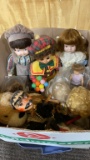 Box of porcelain dolls, puppet & stuffed animals