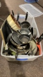 Tub of misc pots,pans, bundt pan & cookie sheet