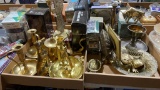 2 boxes of brass candleholders & Knick knacks