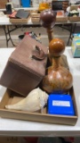 Box of vintage makeup case, decanters, shells &