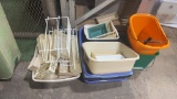 Tub of mop buckets, dishpans, drawer & cabinet