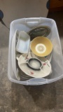 Tub of misc serving plates, tray, bowls & dish