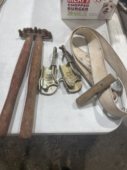 Fence stretchers, hay hook & tow strap