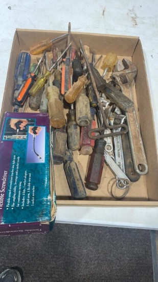 Box of misc screwdrivers & adjustable wrenches