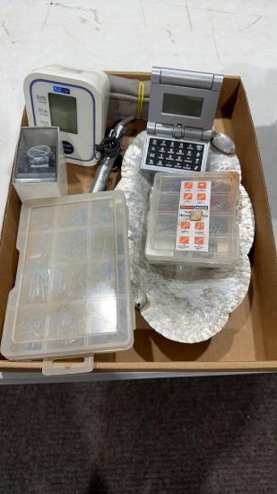 Box of household screws,BP monitor,watch & clock