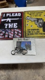 2 metal signs & motorcycle frame