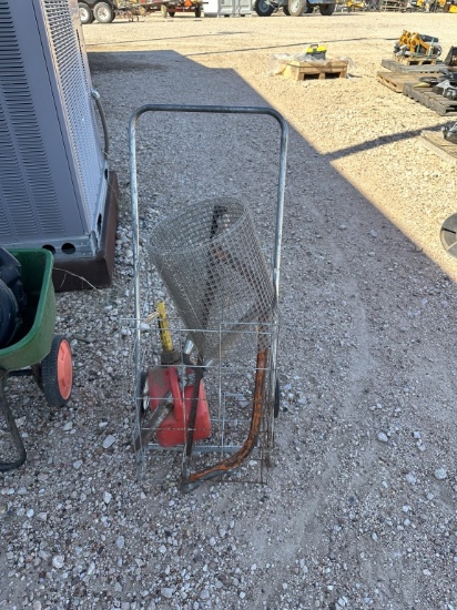 2 wheel cart w/hose reel, gas can, hand saw,
