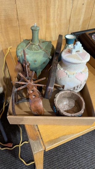 Box of Native American decor & Spur bookends