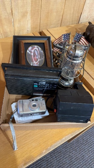 Box of wall decor, lantern, cameras & radio