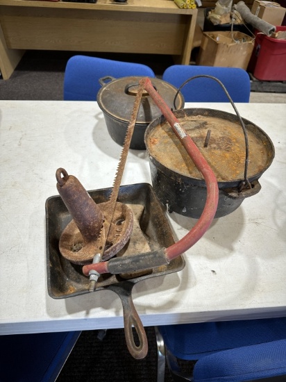 Lot of cast iron/boat anchor & bow saw