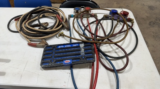 2 Freon gauges, jumper cables & license plate
