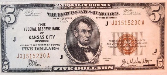 1929 $5 National Currency