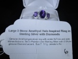Large 3 Stone Amethyst Halo Inspired Ring