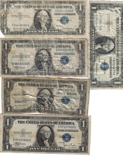 Set of 5 Silver Certificate Dollar Bills Laminated