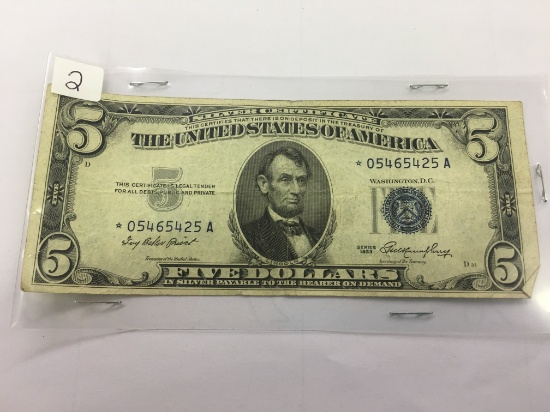 1953 $5 DOLLAR BILL SILVER CERTIFICATE BLUE SEAL