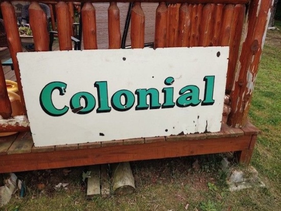 1940s Colonial Gasoline 2 Sided Porcelain Sign