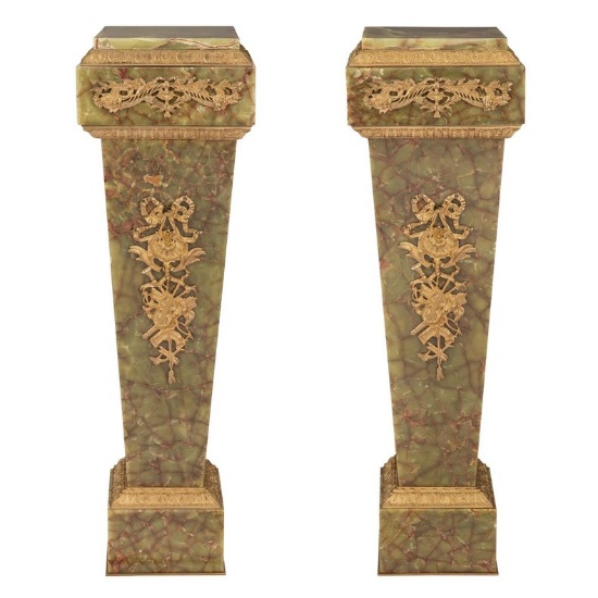 A Pair of Louis XVI Style Green Onyx and Gilt Bronze Pedestals Early 20th Century