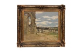 Émile Barau (French, 1851-1930)  Village with Ruined Abbey