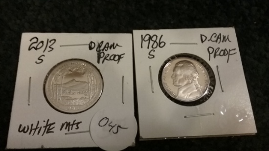 1986-S Nickel and 2013-S Quarter both PFDCAM