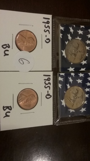 Two Proof Deep Cameo 1999-S State Quarters and two 1955-D BU Wheat cents