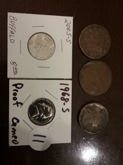 Mixup- three large cents and two newer nickels