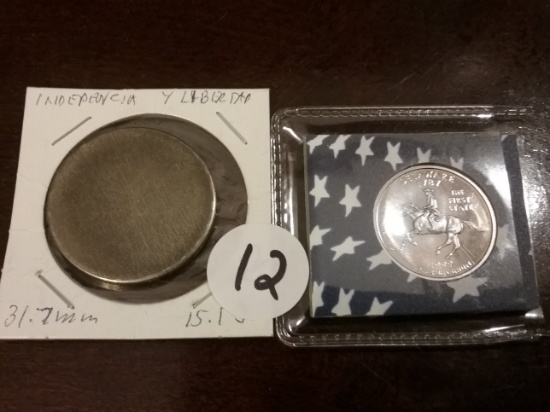 1999-S PF DCAM State Quarter and a Blank Mexican Planchet