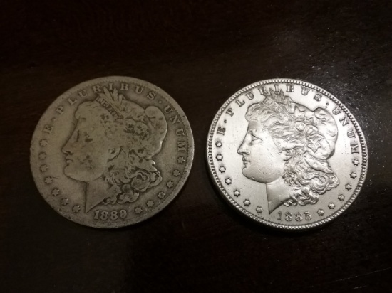 1885 and 1889-O Morgan Dollars (very well circulated)