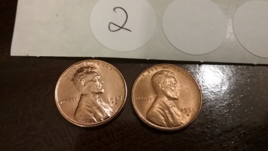 1947-D GEM Red BU Wheatie and a 1950-S Red BU Wheat cent