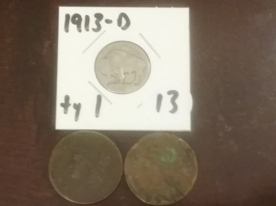 1913-D Type 1 Buffalo nickel and a 1852 and 1836 Large Cents