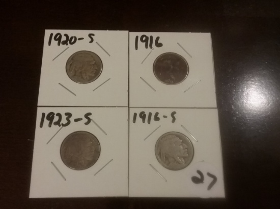 1920-S, 1916, 1923-S, 1916-S Buffalo Nickels