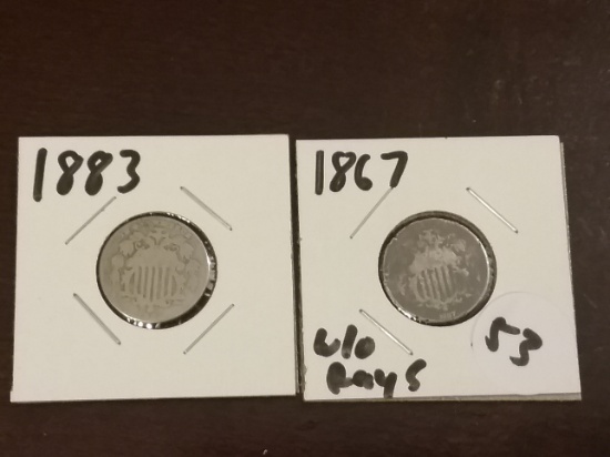 1867 without Rays and 1883 Shield Nickels