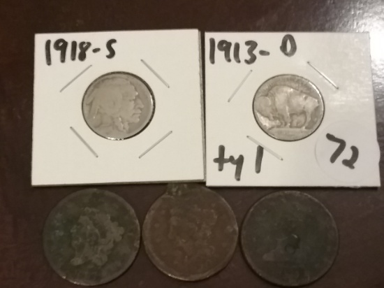 1918-S, 1913-D ty 1 Buffalo Nickels, 1817, 1850, 1817 Large Cents