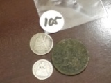 1850 Seated Liberty Half-Dime, 1820 Large Cent, and 1887 Seated Liberty Dime