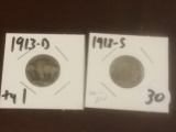 1913-D type 1 and 1918-S Buffalo Nickels